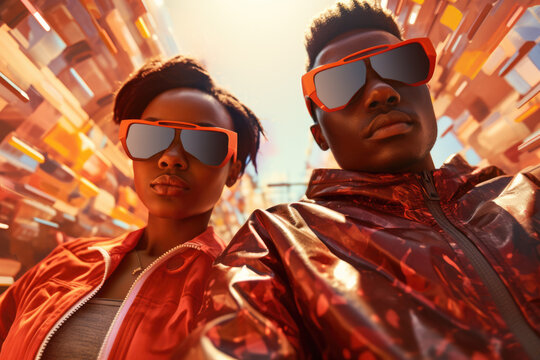 Fashionable modern black man and woman, both donning sunglasses, capture a stylish selfie together. Perfect for urban fashion, technology, and social media-themed visuals.