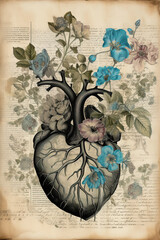 An illustration of a human heart with blue and black flowers 