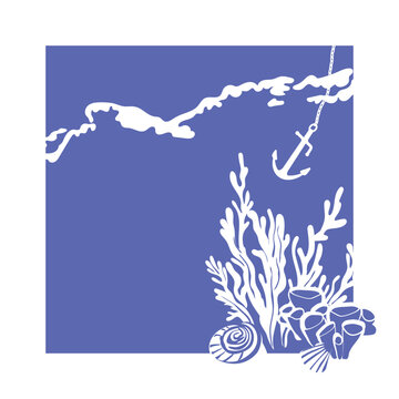 Card with the minimalistic sea scene. Corals and sea plants on a blue background.