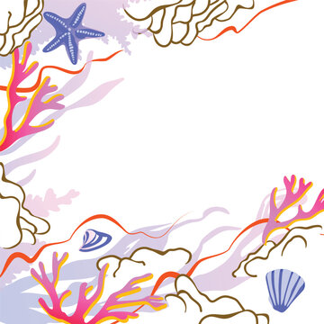 Card with the sea scene. Corals and sea plants on a white background.