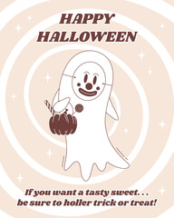 Halloween greeting poster in groovy style. Halloween ghost character. Cute flying ghost character in clown mask with pumpkin full of sweets. 