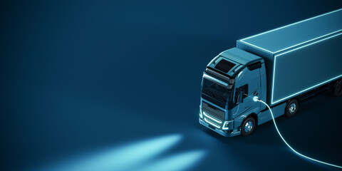Blue electric truck connected to charger on blue background with copy space. 3D Rendering, 3D Illustration