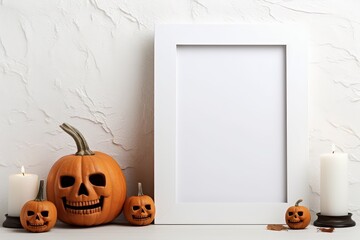 Mock up photo frame with orange pumpkins and candle, copy space, Halloween holiday concept
