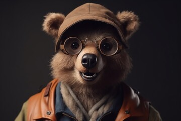 Photo portrait of happy bear wearing glasses and touristic clothes 