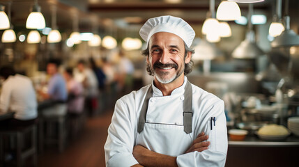 Middle-aged chef cook on blurred background of restaurant. Copy space
