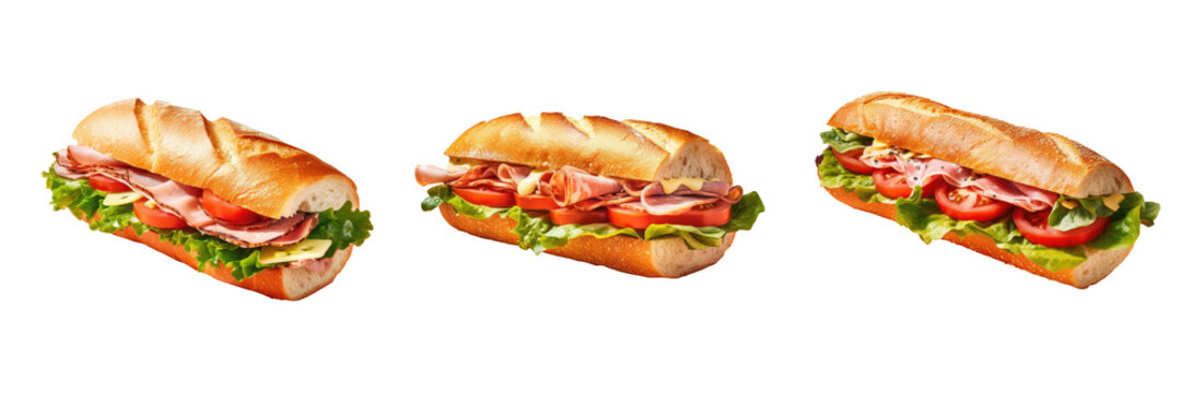 transparent background with fresh baguette sandwich containing ham cheese tomatoes and lettuce