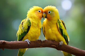 Two large yellow green macaw parrots sit on a branch. Generative AI