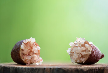 Australian finger lime or caviar lime fruits on natural background.