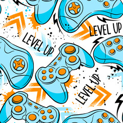 Seamless abstract pattern with colourful silhouettes joystick game. Background for boys.
