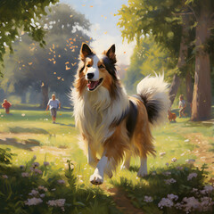 Illustration of a happy dog in a lively park, embodying the sheer joy of outdoor play and the beauty of a sunny day.