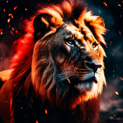 Naklejka premium Portrait of a lion with fire in the background.