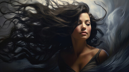 Portrait of a beautiful brunette woman with long curly hair, flying in the wind.
