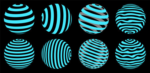 Set 3d Retro futuristic spirales. Blue light trip elements on the black background. Acid rave concept. Trippy vibe shapes forms in vaporwave 80s and 90s.