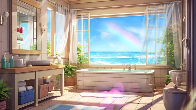 Window to Paradise: Sunny Bathroom Overlooking the Beach. Seamless looping 4K virtual video animation background
