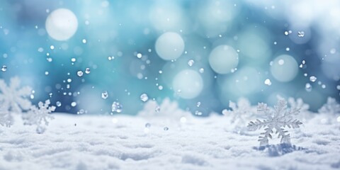 Naklejka premium Winter blue gray background of white snow. Beautiful winter background of snow and blurred effect. Gently falling snow flakes against blue. Empty free space