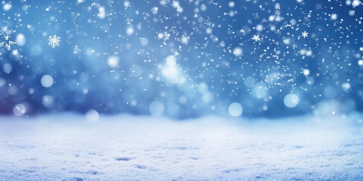 Winter blue gray background of white snow. Beautiful winter background of snow and blurred effect. Gently falling snow flakes against blue. Empty free space