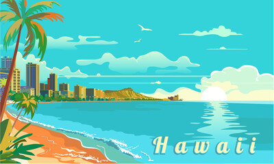 waikiki beach of hawaii honolulu summer vacation vector illustration - 642235912