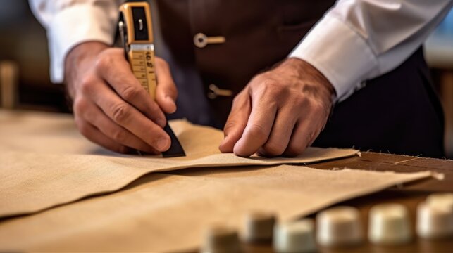 Close-up of a tailor's hands cutting fabric