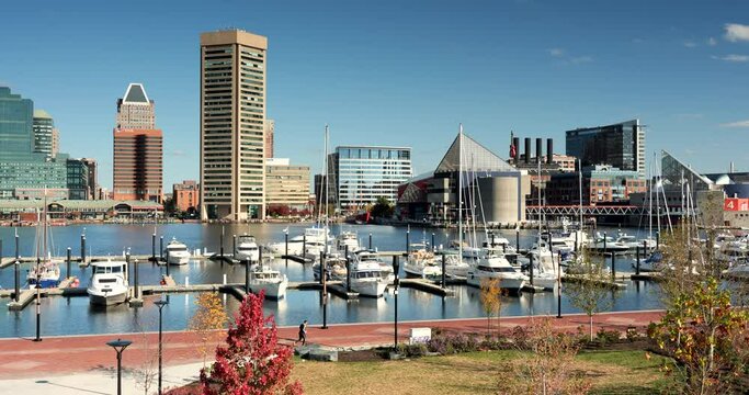 Downtown cityscape and marina on the Inner Harbor of Baltimore Maryland flowing out to the Patapsco River and Chesapeake Bay