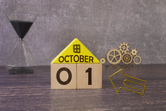 October 1st .October 1 white wooden calendar on vintage wood abstract background.Autumn day.Copyspace for your text.