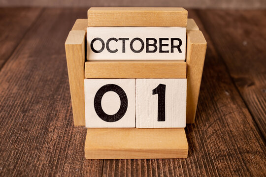 October 1st .October 1 white wooden calendar on vintage wood abstract background.Autumn day.Copyspace for your text.