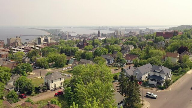 Duluth, Minnesota: Urban cityscape, houses, Midwest USA. Aerial view of vibrant neighborhoods near Lake Superior.