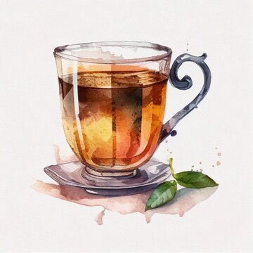 Watercolor Illustration of a Cup of Tea, Isolated on White Background