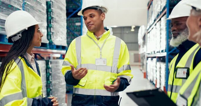 Warehouse team, manager and planning for logistics, inventory management and teamwork or support. Industrial people, group or circle in distribution meeting, supply chain discussion or stock workflow