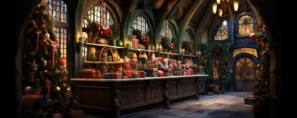 Santa's Workshop in an Enchanting Winter Setting with Fantastical Architecture, Generative AI