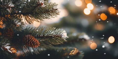 Christmas tree branch with bright glowing lights defocused blurred effect bokeh. Christmas fir and pine tree branches