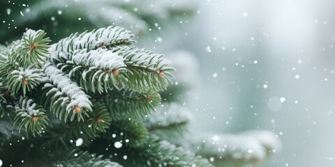 Christmas tree branch with white snow. Christmas fir and pine tree branches covered with snow. background of snow and blurred effect. Gently falling snow flakes against blue
