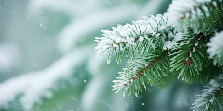 Christmas tree branch with white snow. Christmas fir and pine tree branches covered with snow. background of snow and blurred effect. Gently falling snow flakes against blue