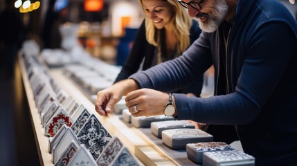 Couple looking at a collection of ceramic tiles in a shop window
