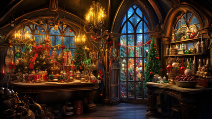 Santa's Workshop in an Enchanting Winter Setting with Fantastical Architecture, Generative AI