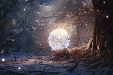 Winter Scene with Magical Lighting and Sparkling Snowflakes, Generative AI