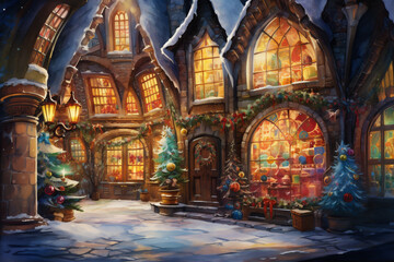 Fototapeta premium Watercolor Painting, Santa's Workshop in an Enchanting Winter Setting with Fantastical Architecture, Generative AI