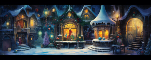 Watercolor Painting, Santa's Workshop in an Enchanting Winter Setting with Fantastical Architecture, Generative AI