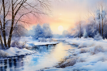 Obraz na płótnie Canvas Watercolor Painting, Winter Scene with Magical Lighting and Sparkling Snowflakes, Generative AI