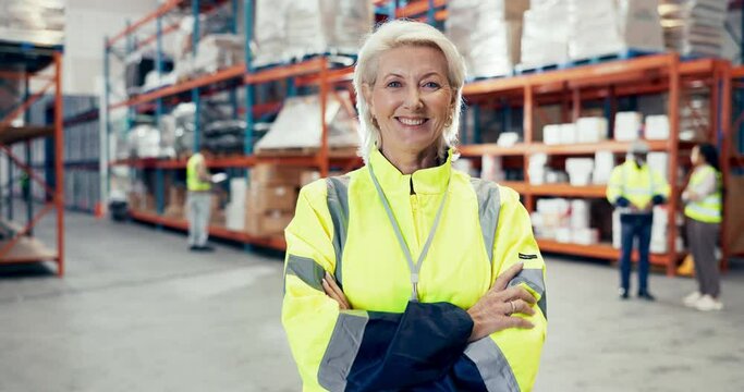 Woman, arms crossed and warehouse, logistics or stock inventory, storage and industrial management. Face of boss or manager at factory for courier, commercial package or distribution in supply chain