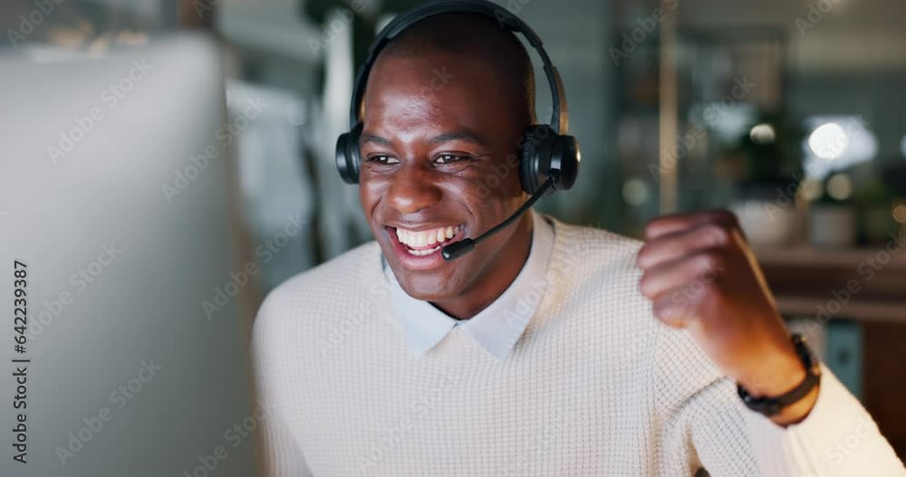 Aufkleber win, call center success and a black man with a computer for a telemarketing goal or target in consu