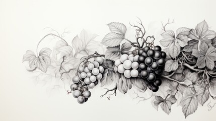 Illustrated grapes on a vine with plain background. Generative AI. 