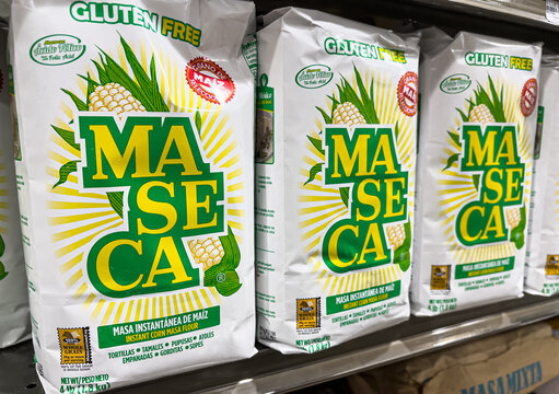 Packages of Maseca brand mexican instant corn masa flour for sale at a local supermarket