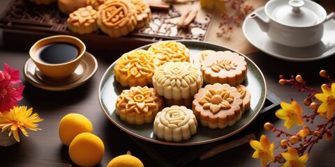 Moon cakes at mid autumn festival. Background food and drink tea and Mooncakes