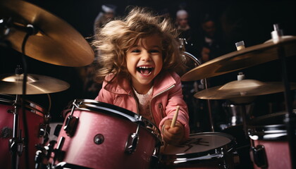 Fototapeta na wymiar Excited little girl playing in her pink drums 