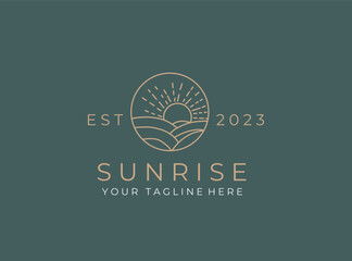 Sunrise Farm On The Window Shape Logo. Vintage Badge Creative Design Brand Identity.