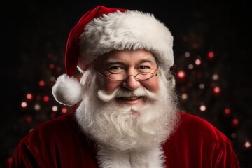 Cheerful Santa Claus with Red Hat and Eyeglasses Celebrating Christmas Tradition. Happy new year concept