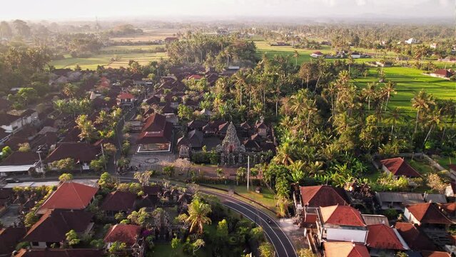 Drone flight back from an authentic temple Batusepih near Ubud village at Bali island, Indonesia.
Exotic culture in the paradise. Aerial at the beautiful sunset.