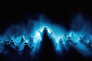 Halloween spooky background, scary pumpkins with smoke in old big creepy Happy Haloween ghosts horror house inside big empty foggy room. Creepy october dark smoky mysterious night backdrop concept.