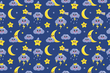 Colorful cute baby cloud seamless pattern for sleep. Kawaii vector illustration with moon, clouds, stars, thunder and lightning on blue background