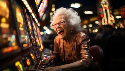 Excited old woman just won the jackpot on the casino  - Powered by Adobe